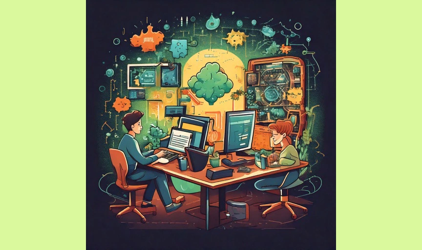 An illustration of a computer science research lab.